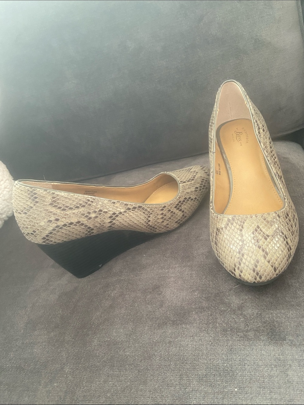 G.H. Bass & Co. Beige Snake-Print Wedge Pumps